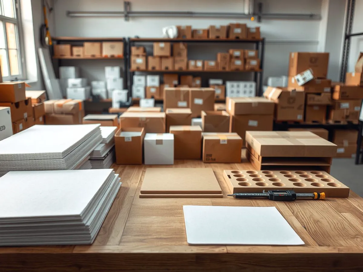 包装材料样品和设计工具在工作台上的摆放场景